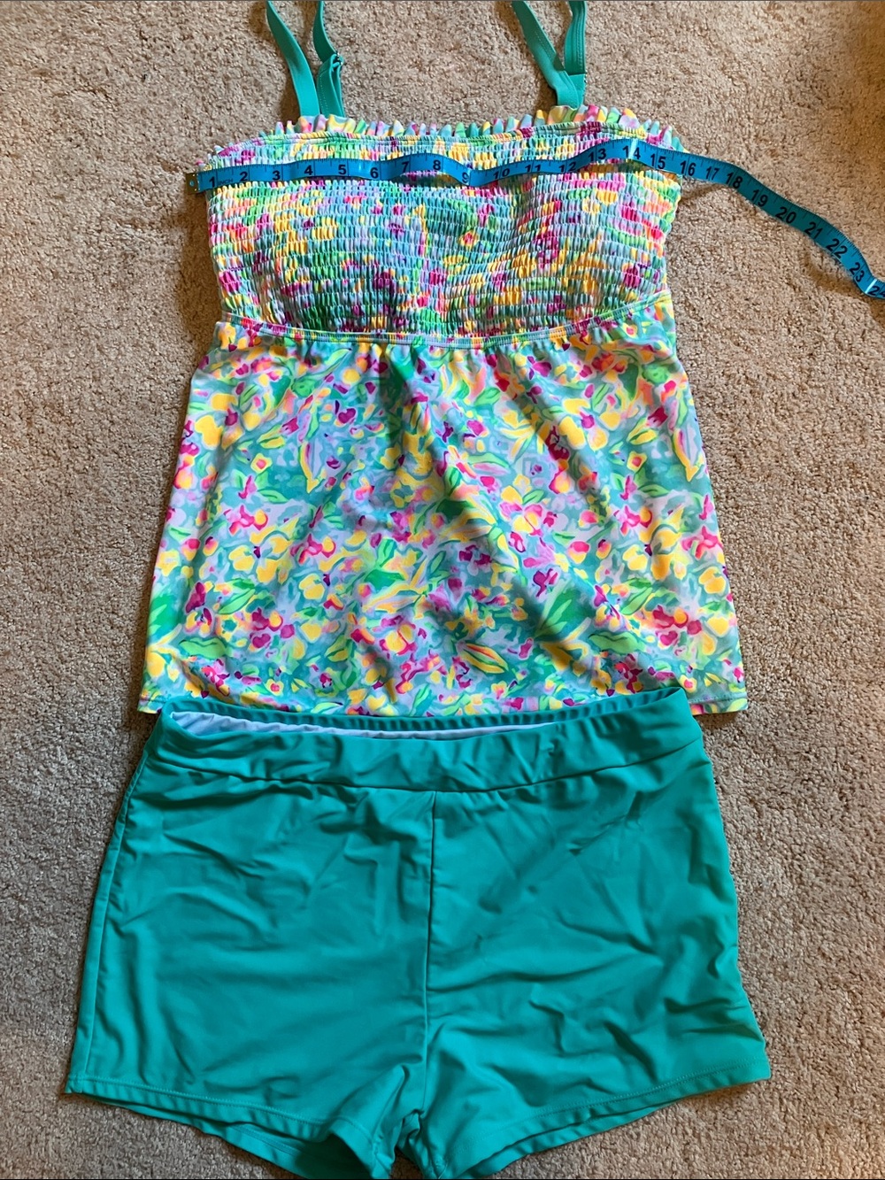 Womens Tankini Bathing Suit Set Yellow Pink Floral Turquoise L Top & Bottoms